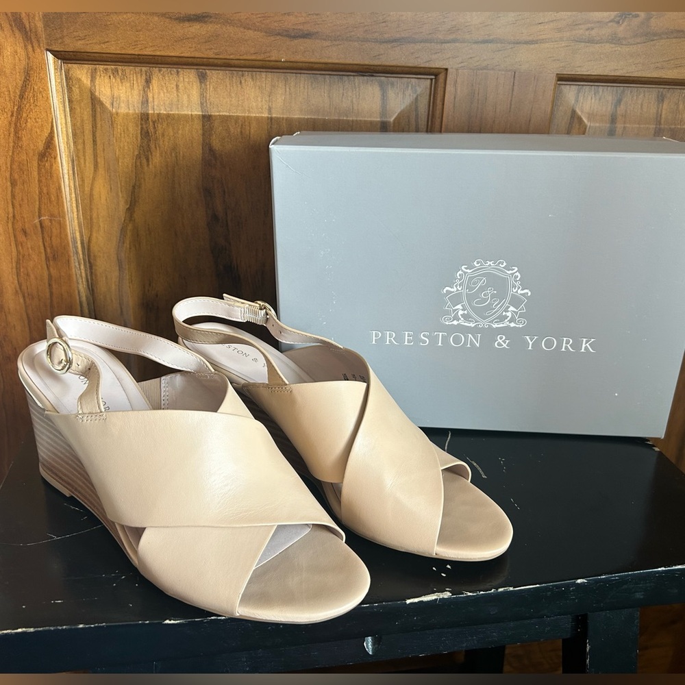 Preston & York Beige Leather Wedge Sandals